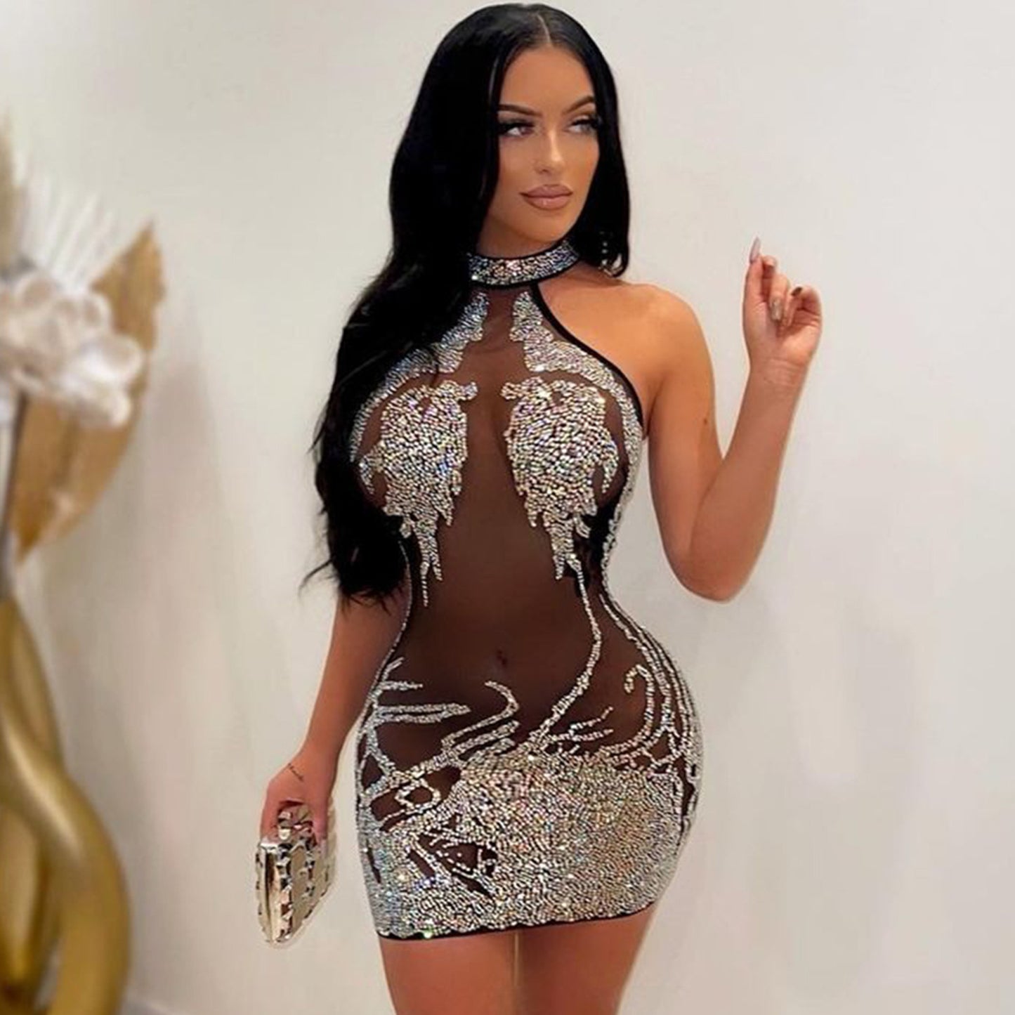 Robe mini avec un décolleté halter ornée de pierres précieuses pour femmes Chic und Stil