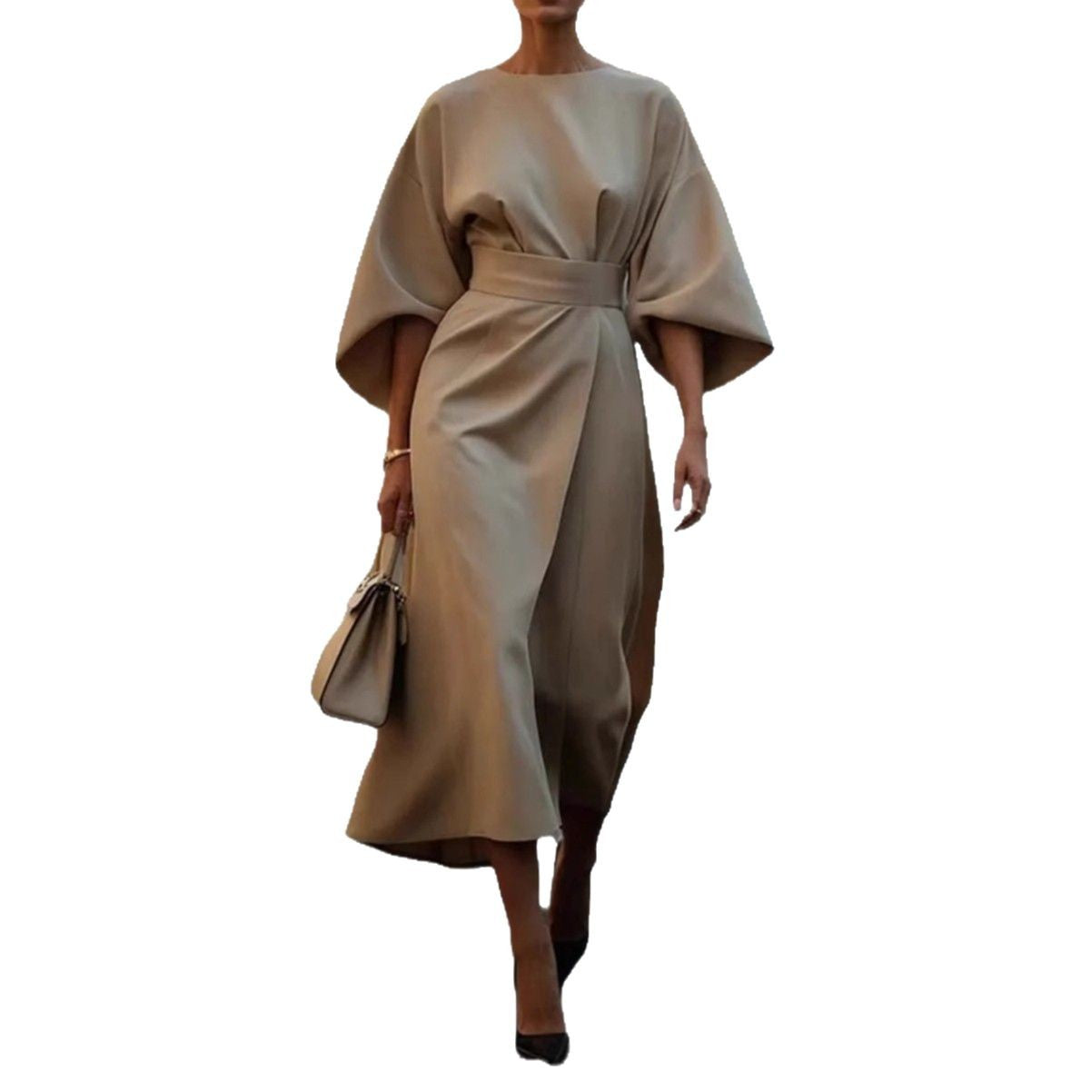 Robe maxi fluide pour femmes avec des manches élégantes et une ceinture à la taille Chic und Stil