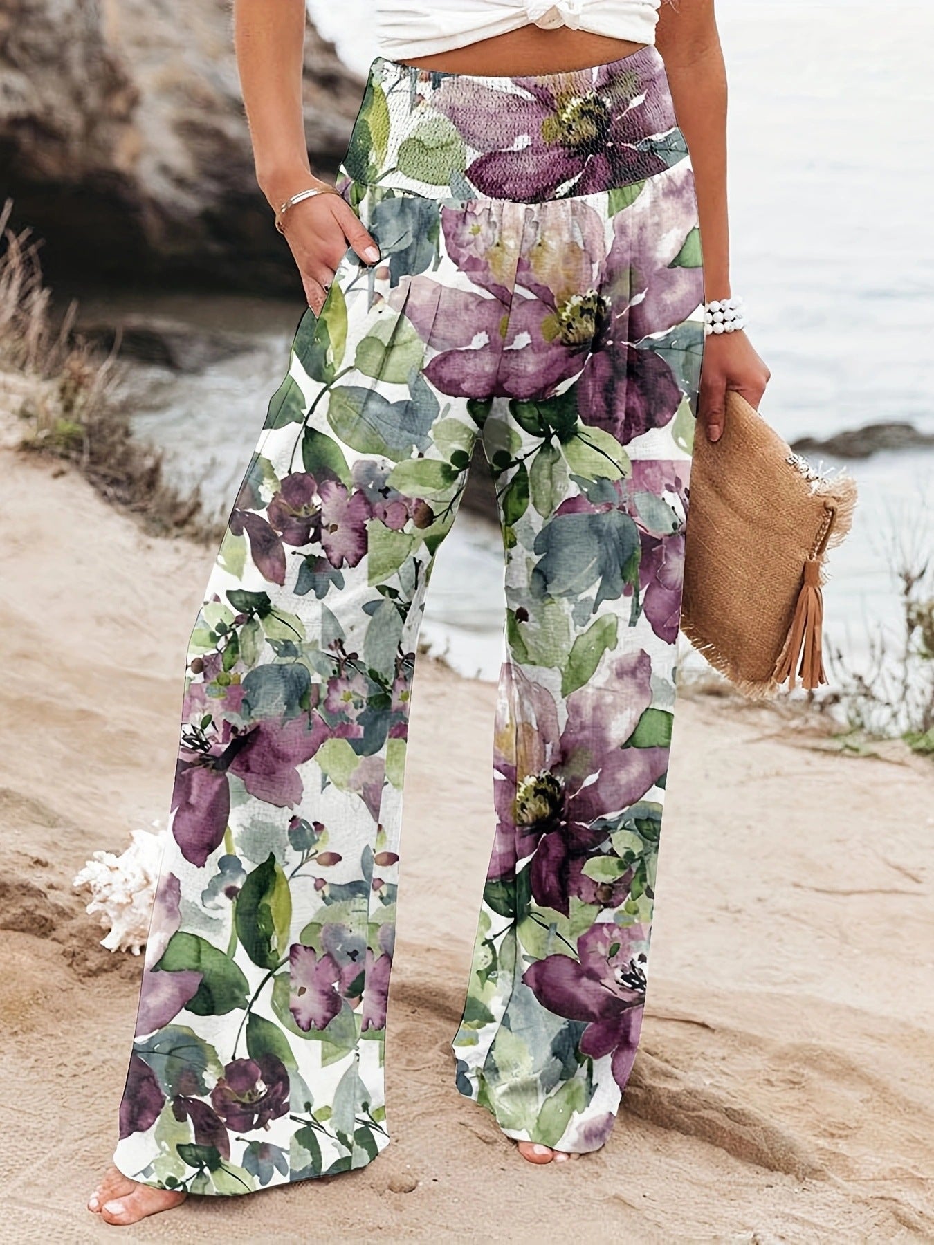 Pantalon d'été ample pour femmes avec imprimé floral et ceinture élastique Chic und Stil