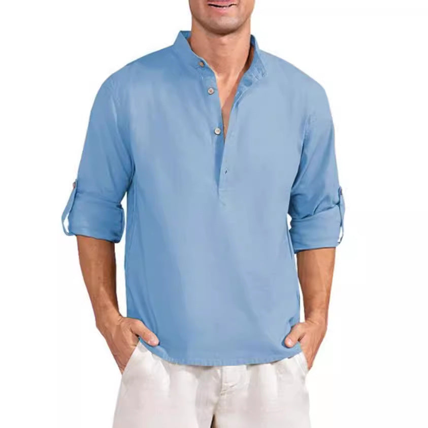 Chemise en lin pour hommes avec col montant et détails de boutons pratiques Chic und Stil