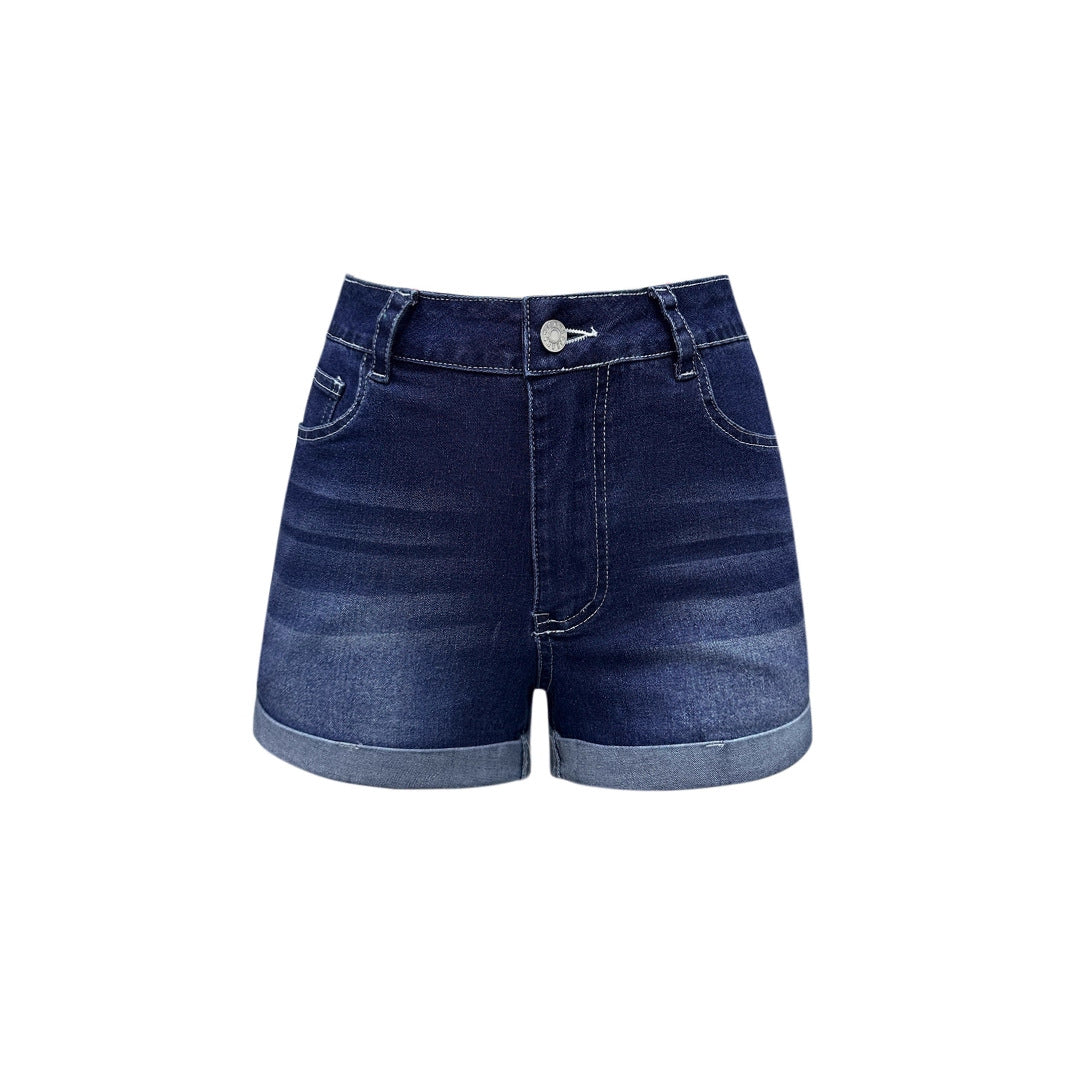 Shorts en denim taille haute pour femmes avec ourlet retroussé et design effiloché Chic und Stil