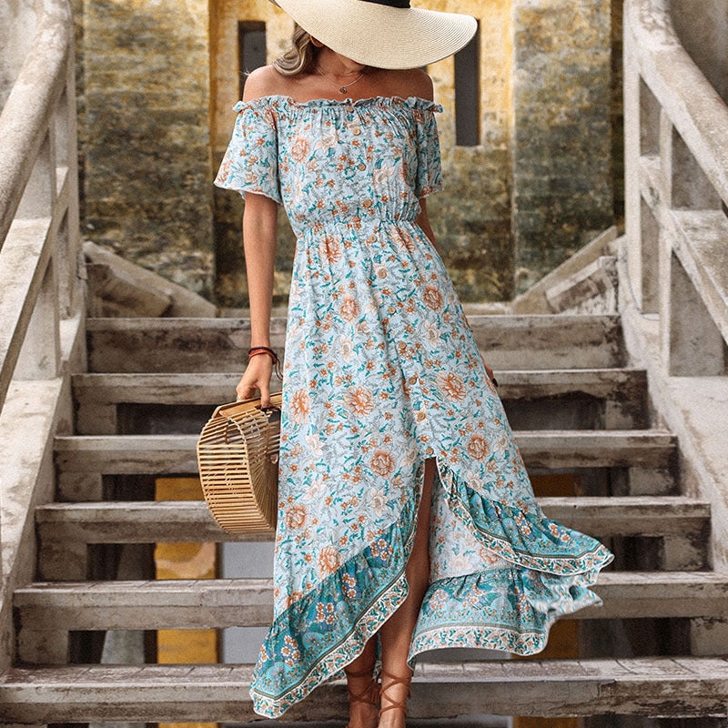 Robe maxi à fleurs off-shoulder pour femmes avec ourlet à volants Chic und Stil