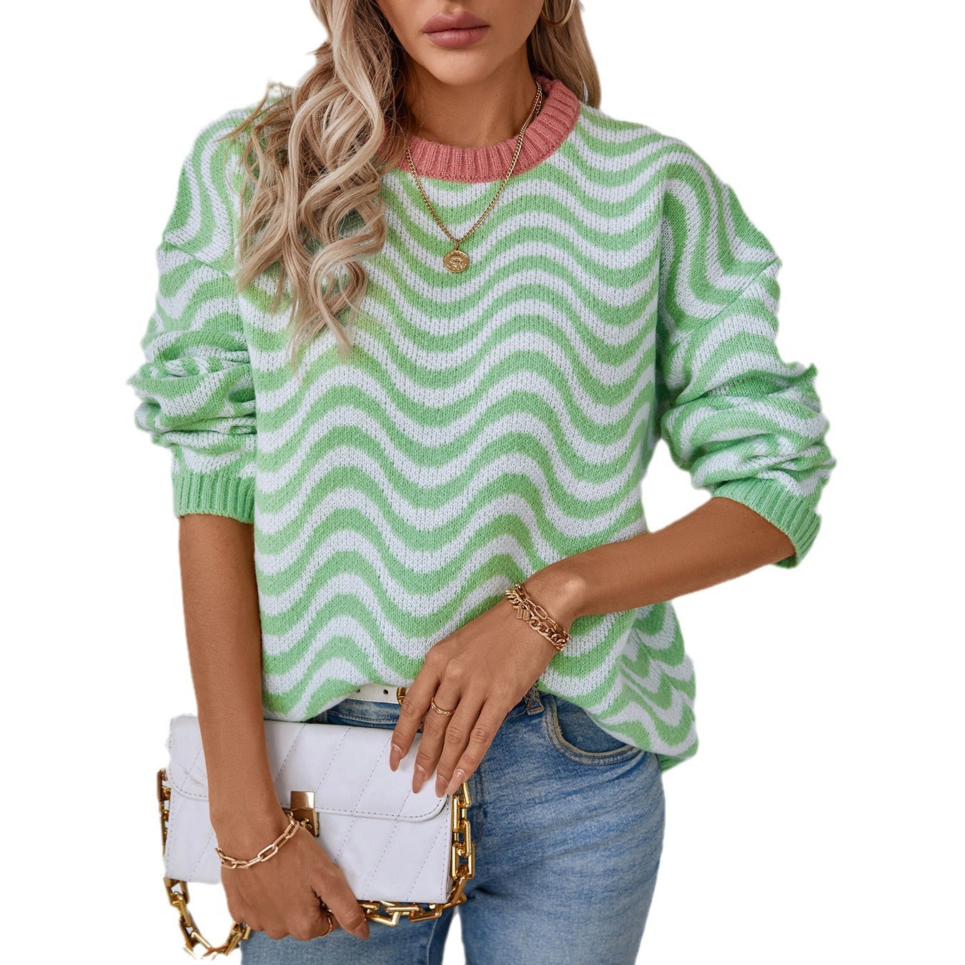 Femme pull confortable avec des motifs de vagues modernes et une coupe minimaliste Chic und Stil