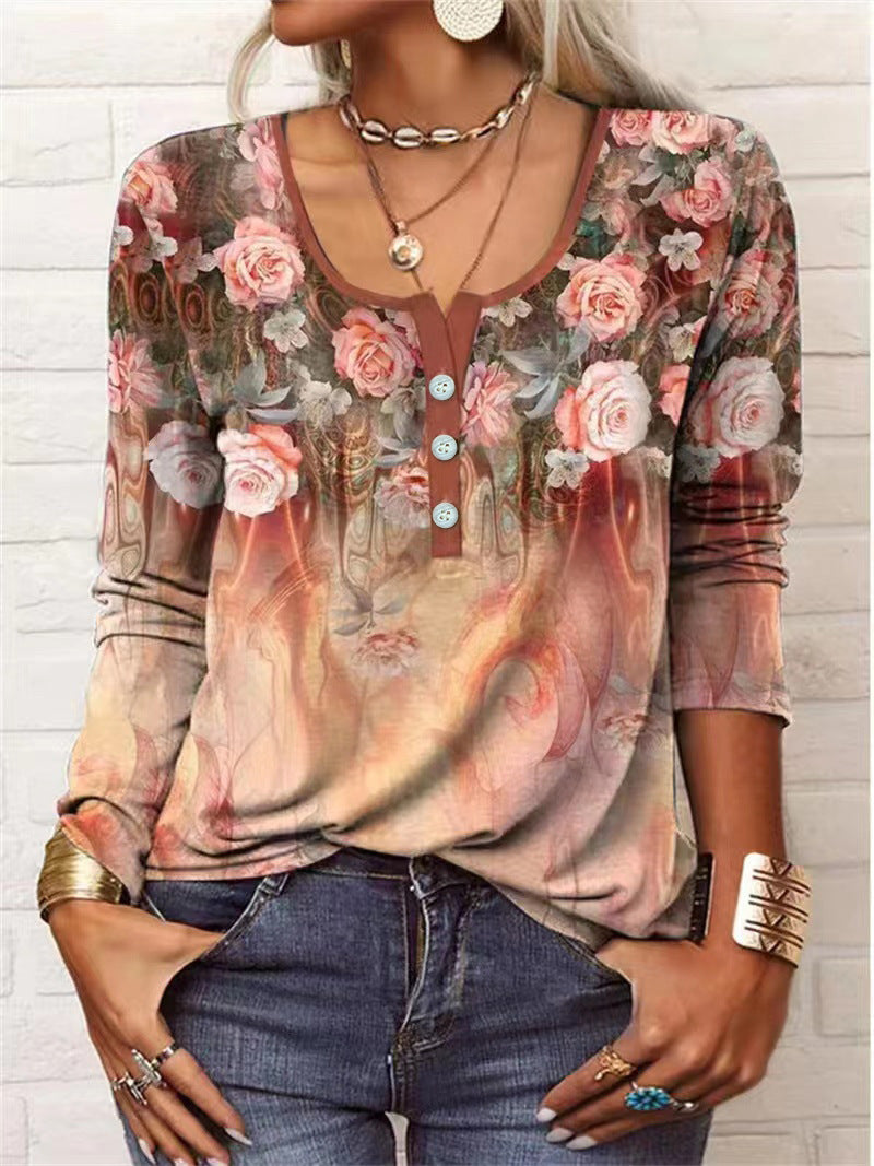 T-shirt à manches longues pour femmes avec un design floral en forme de cœur et une patte de boutonnage Chic und Stil