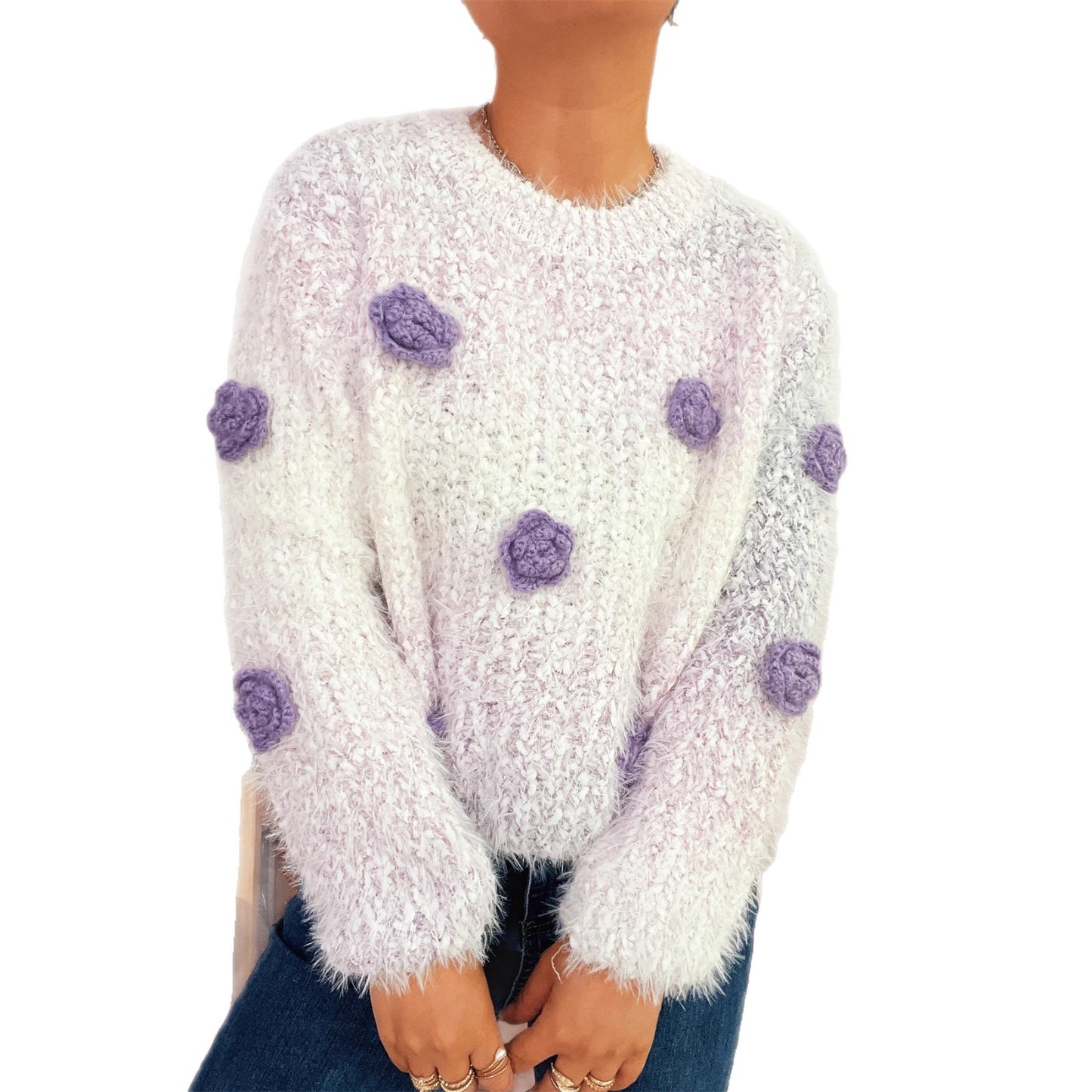 Dames pull confortable et moelleux avec des appliqués floraux ludiques Chic und Stil