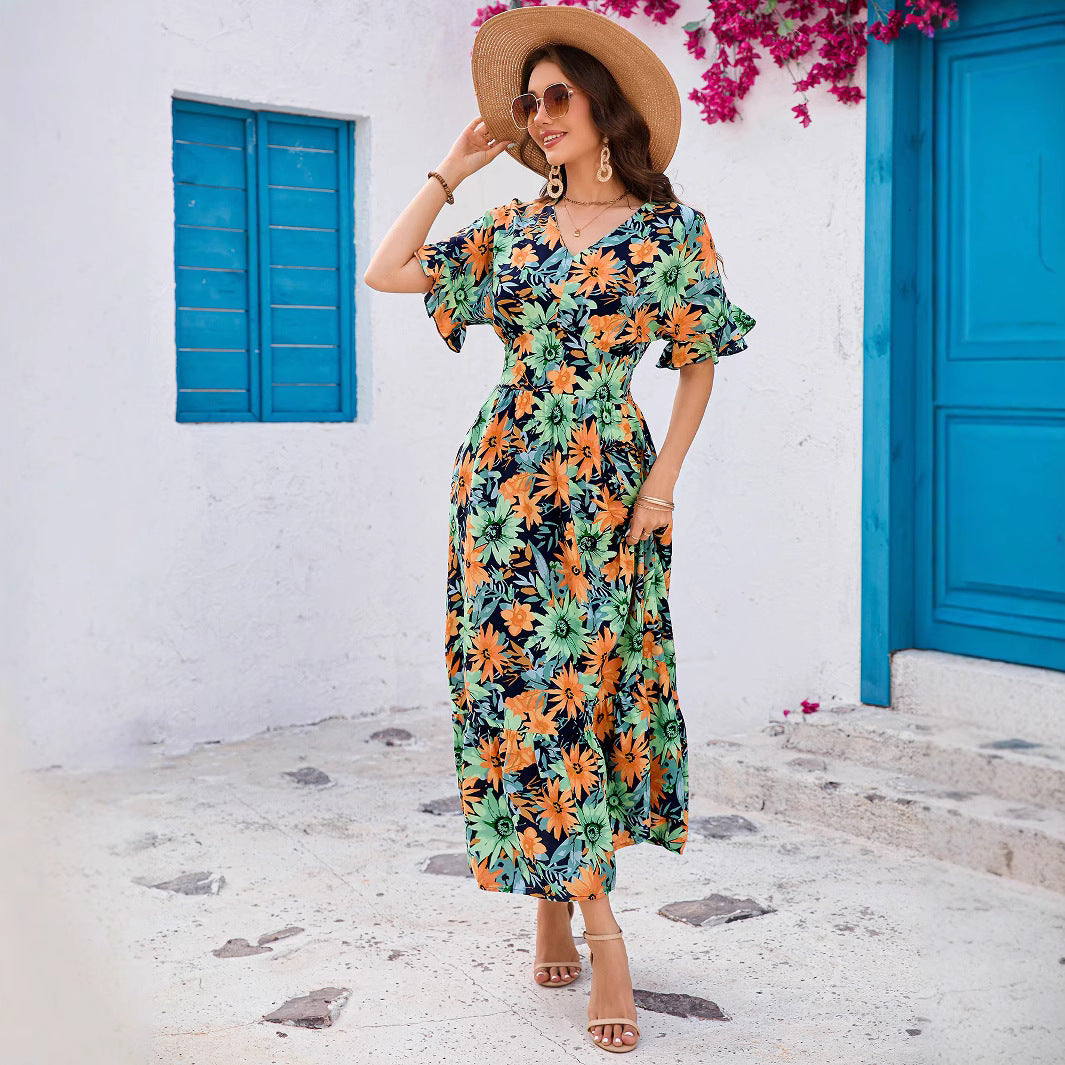 Robe maxi florale pour femmes avec des manches volantes Chic und Stil