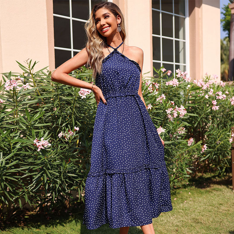 Robe maxi à col à pois pour femmes avec jupe à volants Chic und Stil