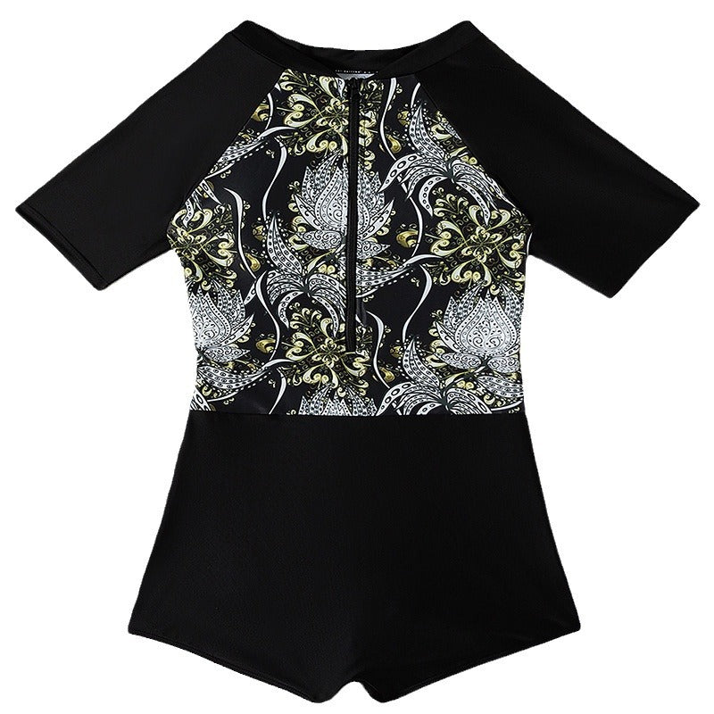 Ladies Short Sleeve Zip-Up Swimsuit Chic and Style