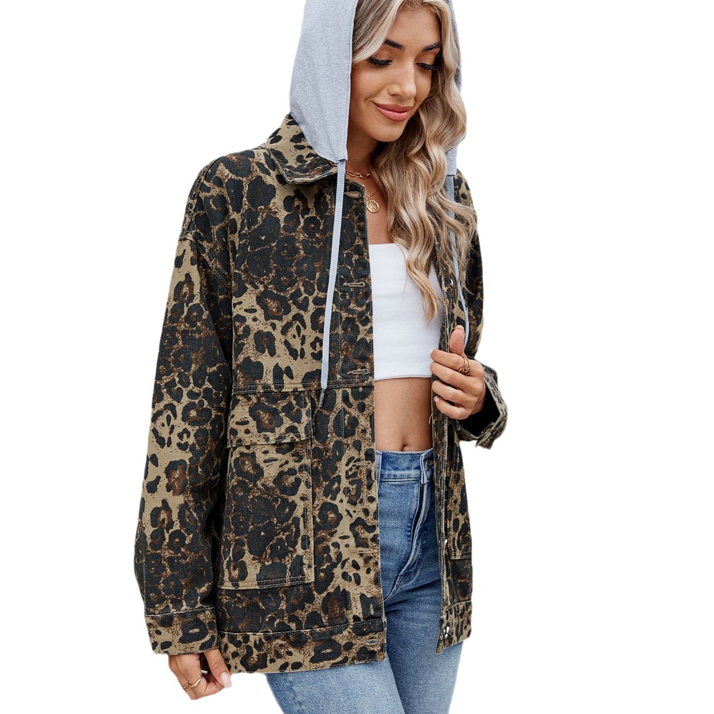 Veste en jean oversize pour femmes au design léopard moderne avec une coupe décontractée Chic und Stil
