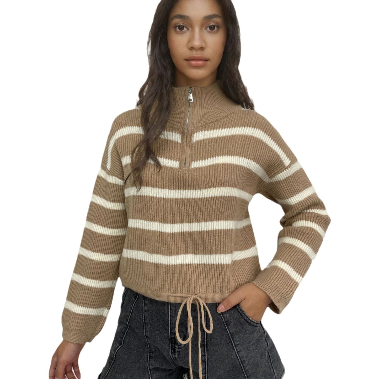 Pull en tricot pour femmes avec col montant et fermeture éclair Chic und Stil