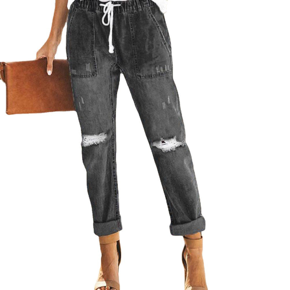 Women's Ripped Jeans with Elastic Waist and Relaxed Fit Chic and Style
