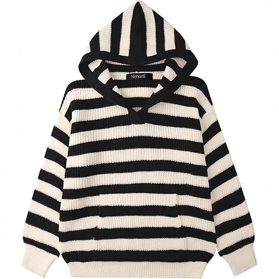 Dames Pull en tricot confortable avec capuche et motif rayé Chic und Stil