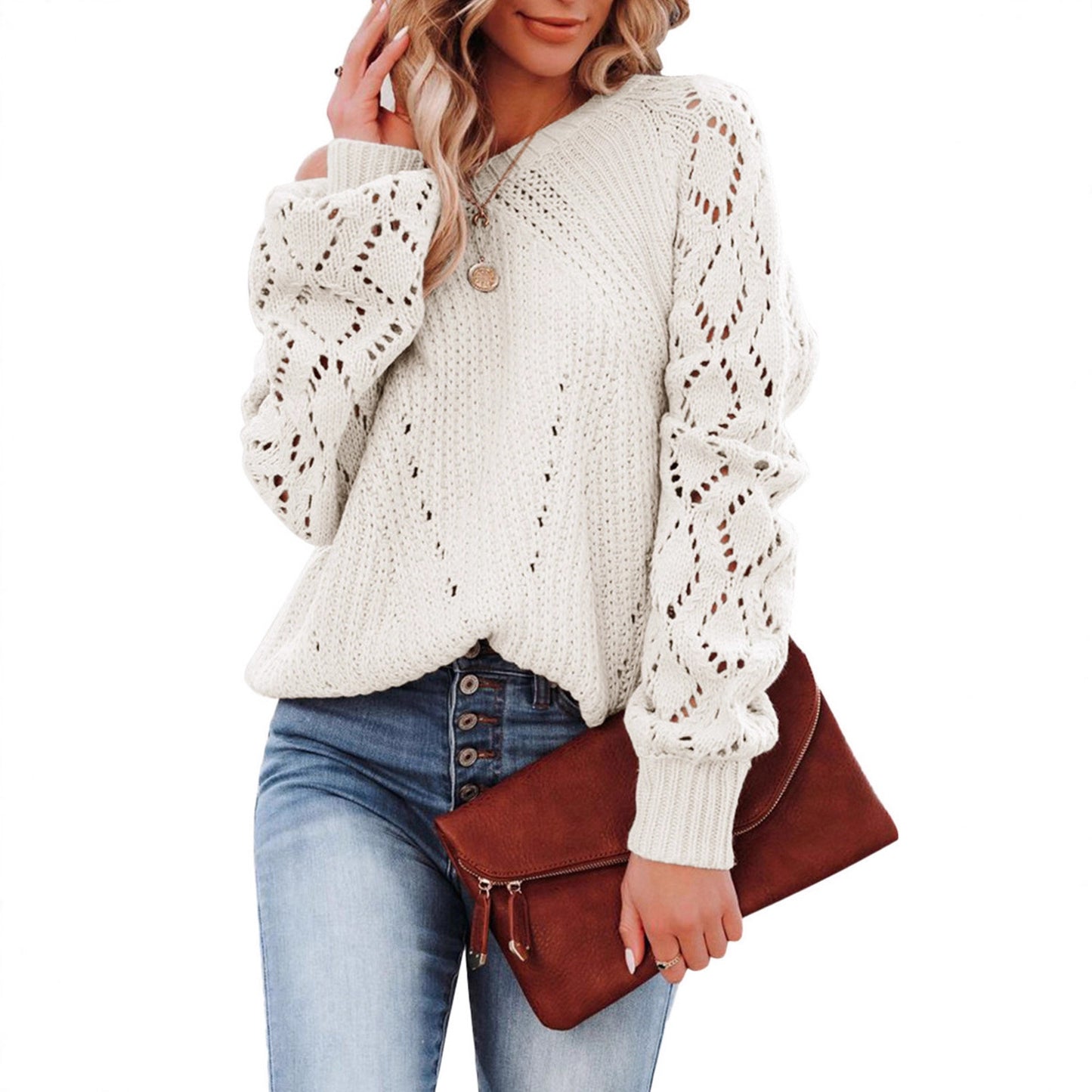 Pull en tricot pour femmes avec un élégant motif ajouré et des manches volumineuses Chic und Stil