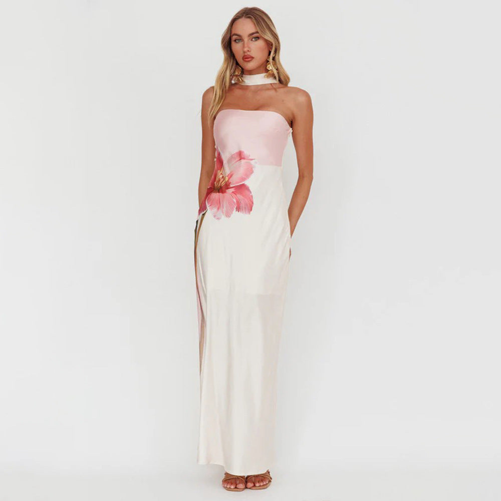 Robe maxi élégante sans épaules pour femmes avec design floral et coupe cintrée Chic und Stil