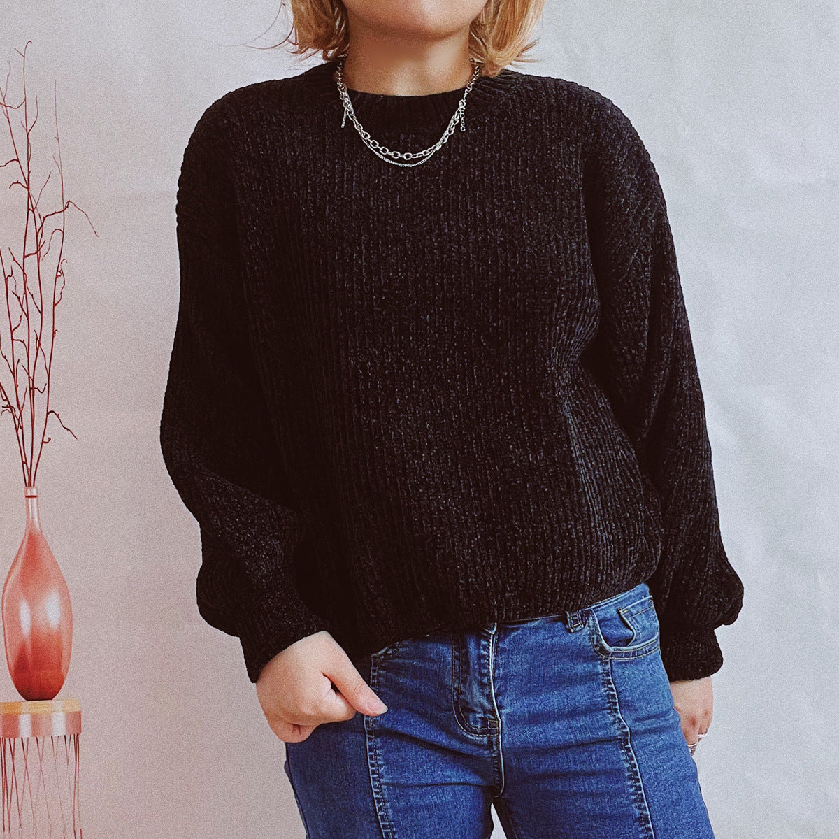Pull femme en grosse maille avec un motif de côtes romantique et des manches larges Chic und Stil