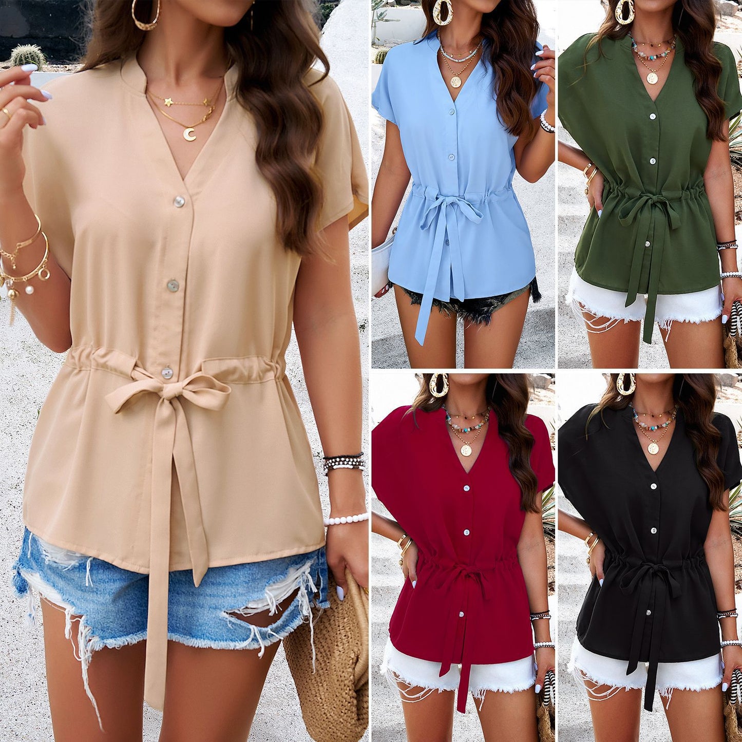 Women's Casual Blouse with Drawstring and Elegant Button Details Chic und Stil