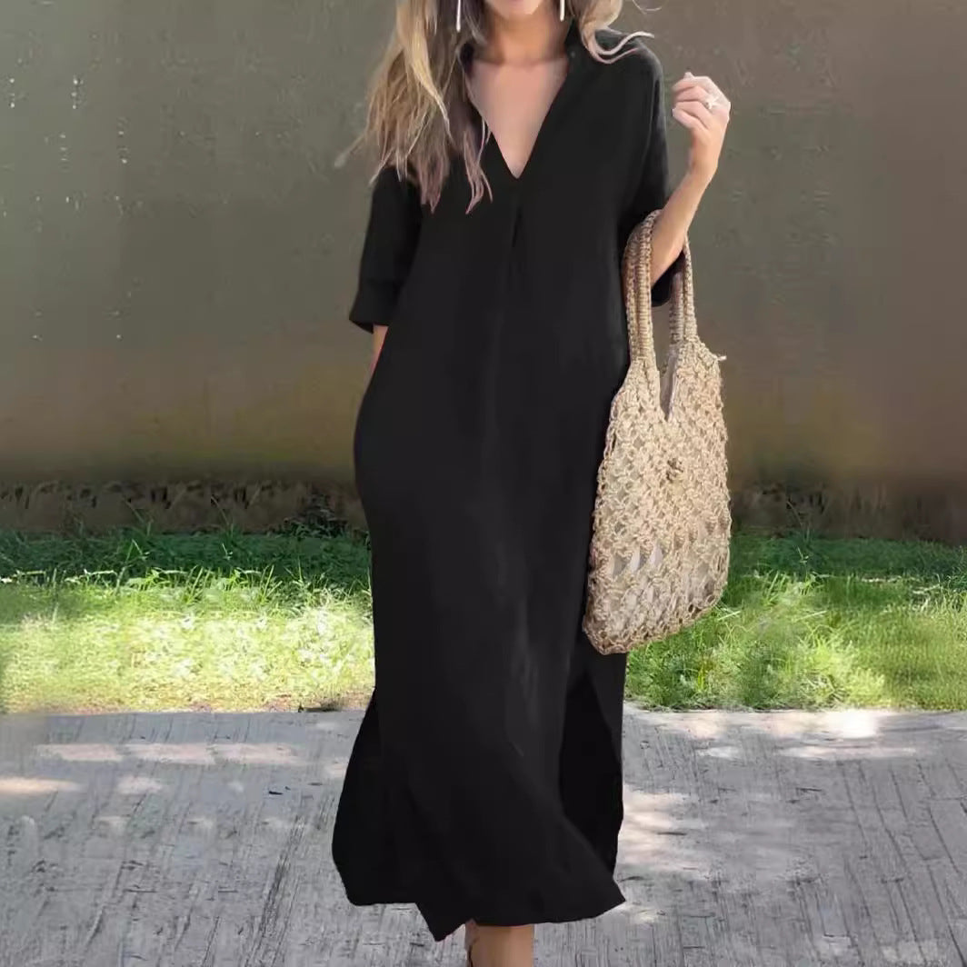 Robe maxi décontractée pour femmes avec élégant décolleté en V et manches décontractées Chic und Stil