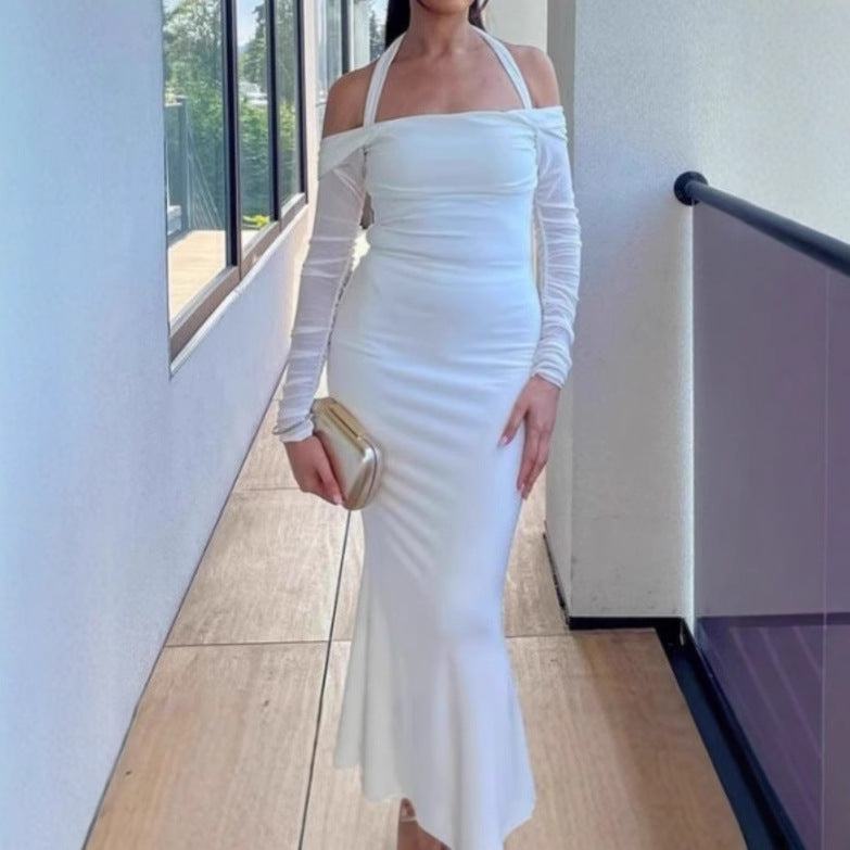 Dames Élégant Robe Maxi Off-Shoulder avec Minces Bretelles en Spaghetti et Manches Transparentes Chic und Stil