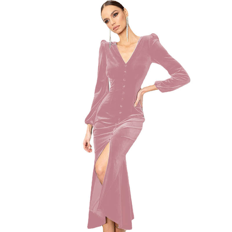 Robe maxi en velours pour femmes avec décolleté en V profond et détails de bouton Chic und Stil