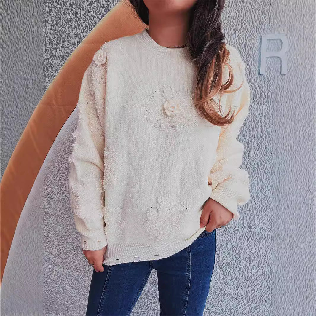 Pull en tricot pour femmes avec des appliqués floraux romantiques et un matériau doux Chic und Stil