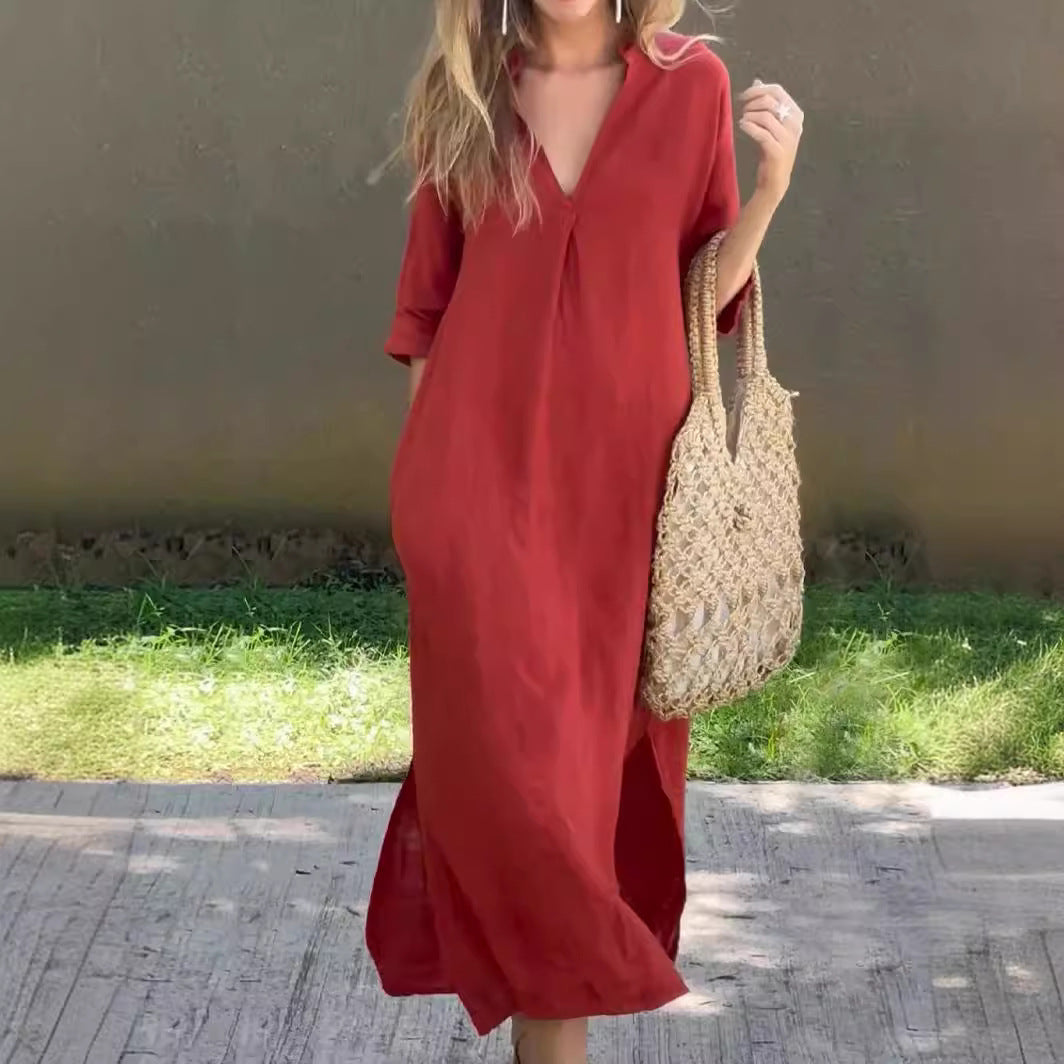 Robe maxi décontractée pour femmes avec élégant décolleté en V et manches décontractées Chic und Stil