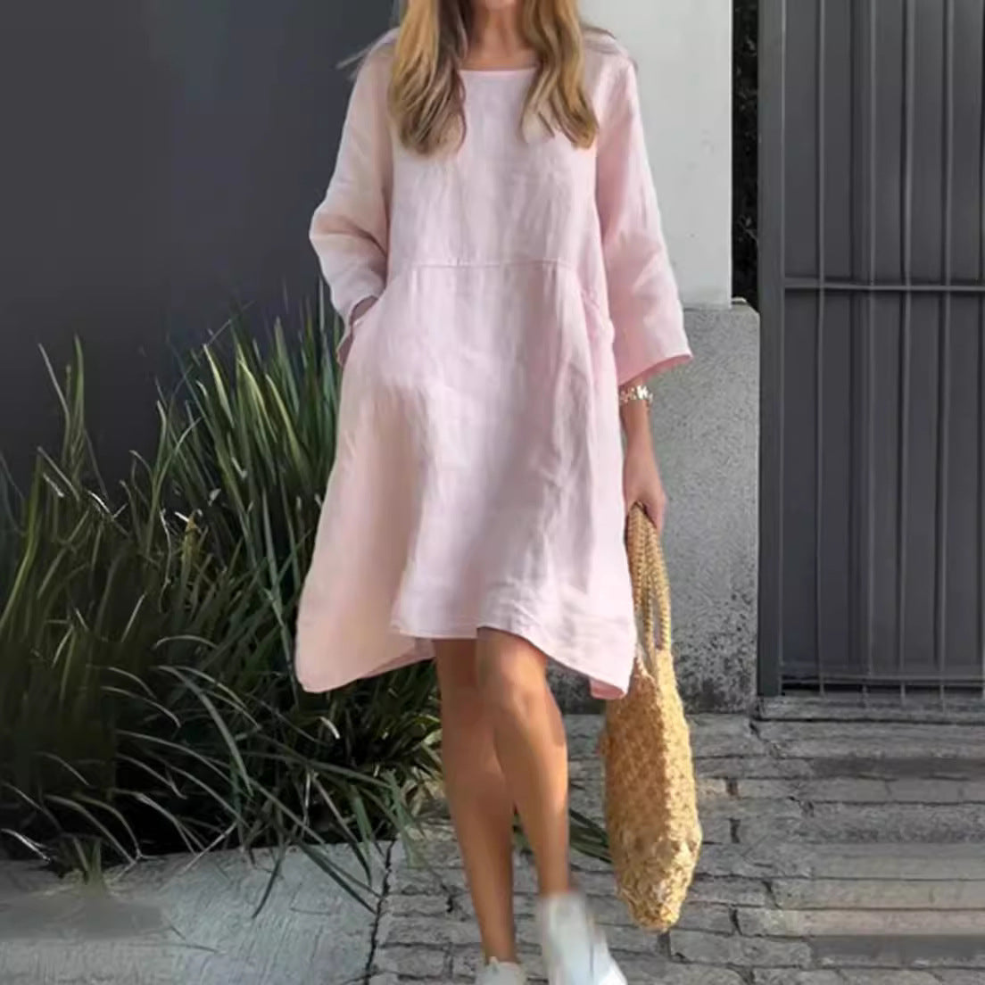 Robe en lin décontractée pour femmes avec poches pratiques et ourlet asymétrique Chic und Stil