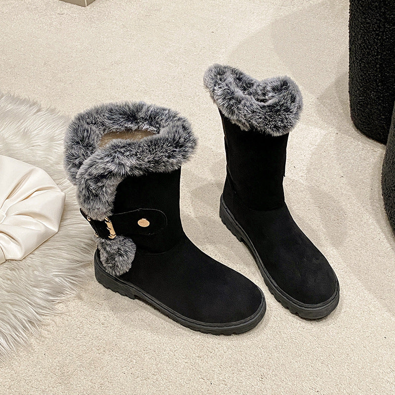 Bottes à doublure chaude pour femmes avec un col en fourrure à la mode et une belle boucle Chic und Stil