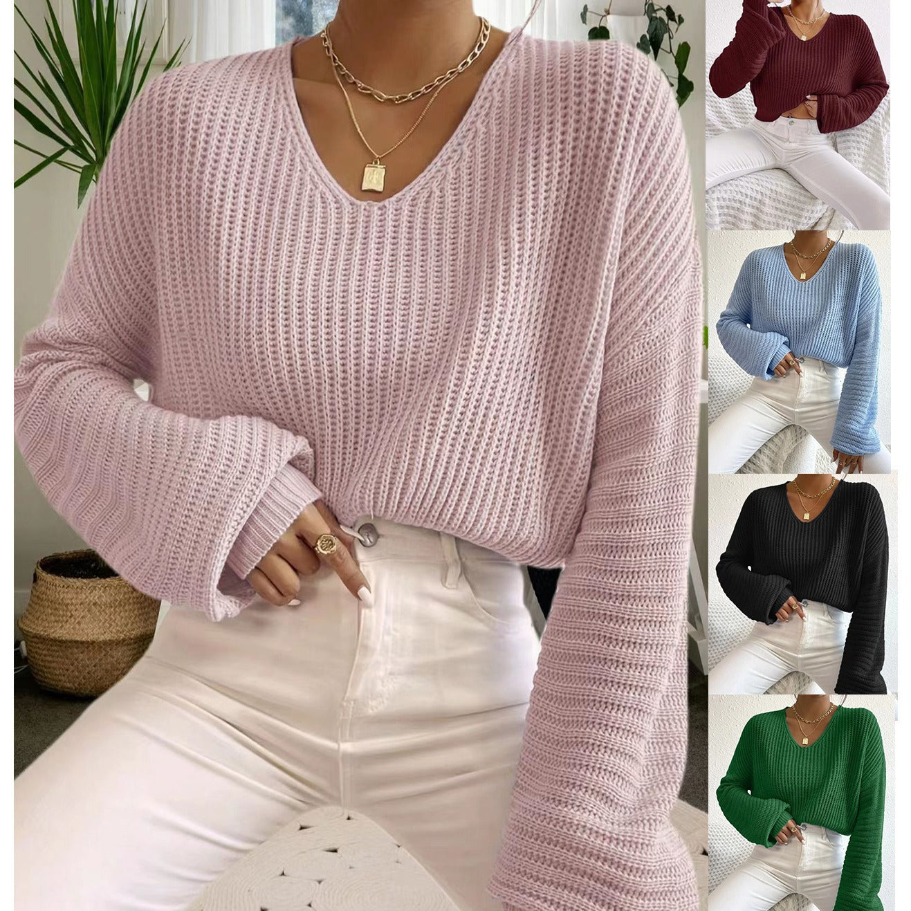Pull V dames avec des manches larges et un motif tricot structuré Chic und Stil