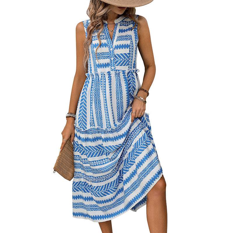 Robe mi-longue sans manches élégante pour femme avec imprimé géométrique et détails de bouton Chic und Stil
