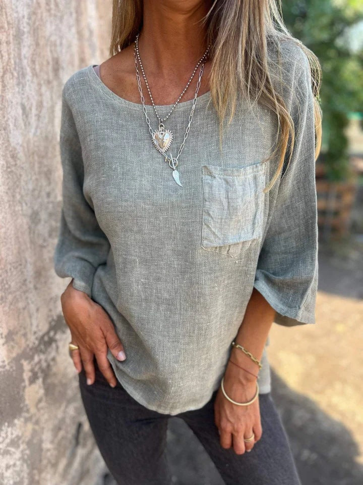 Dames haut en lin décontracté avec coupe ample et poche poitrine Chic und Stil
