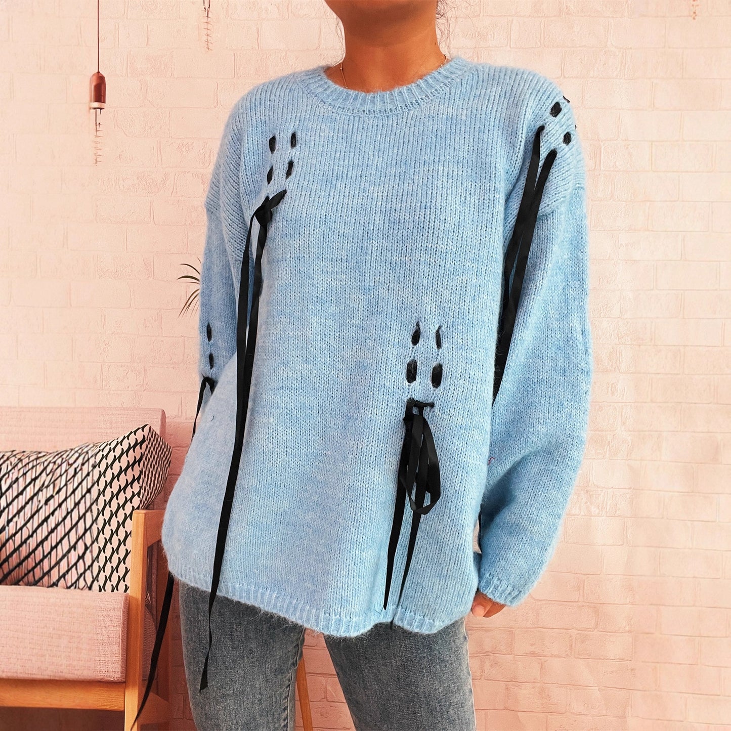 Pull over taille oversized féminin à détails de lacets uniques Chic und Stil
