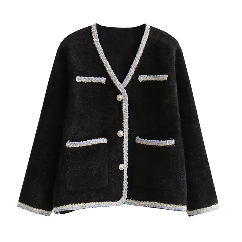 Cardigan élégant en tricot pour femmes avec des boutons décoratifs en perles et des poches pratiques Chic und Stil