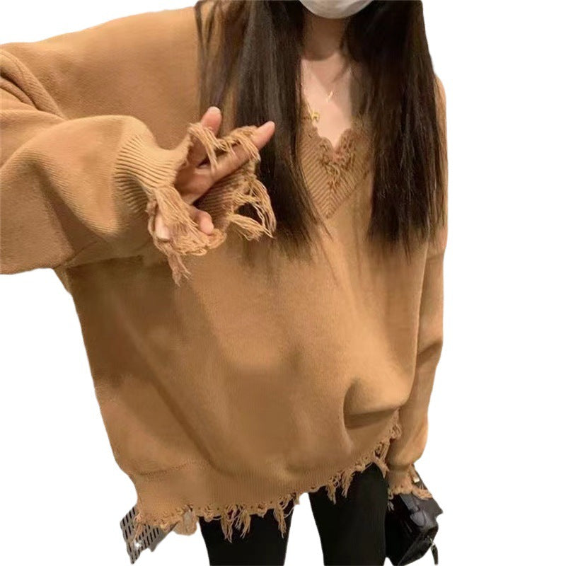 Pull en tricot décontracté pour femmes avec décolleté en V à franges Chic und Stil