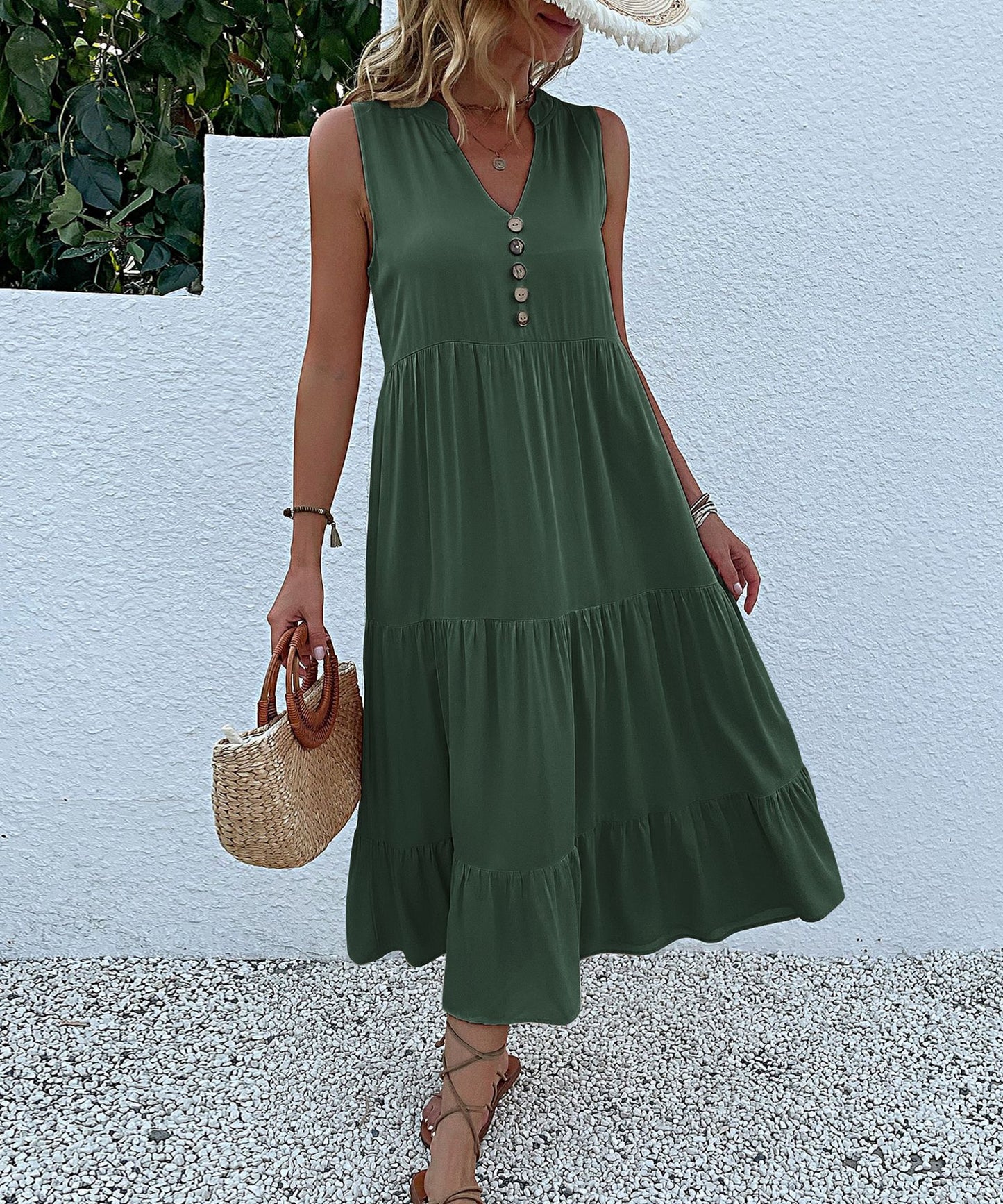 Robe maxi sans manches à volants pour femmes avec détail bouton Chic und Stil
