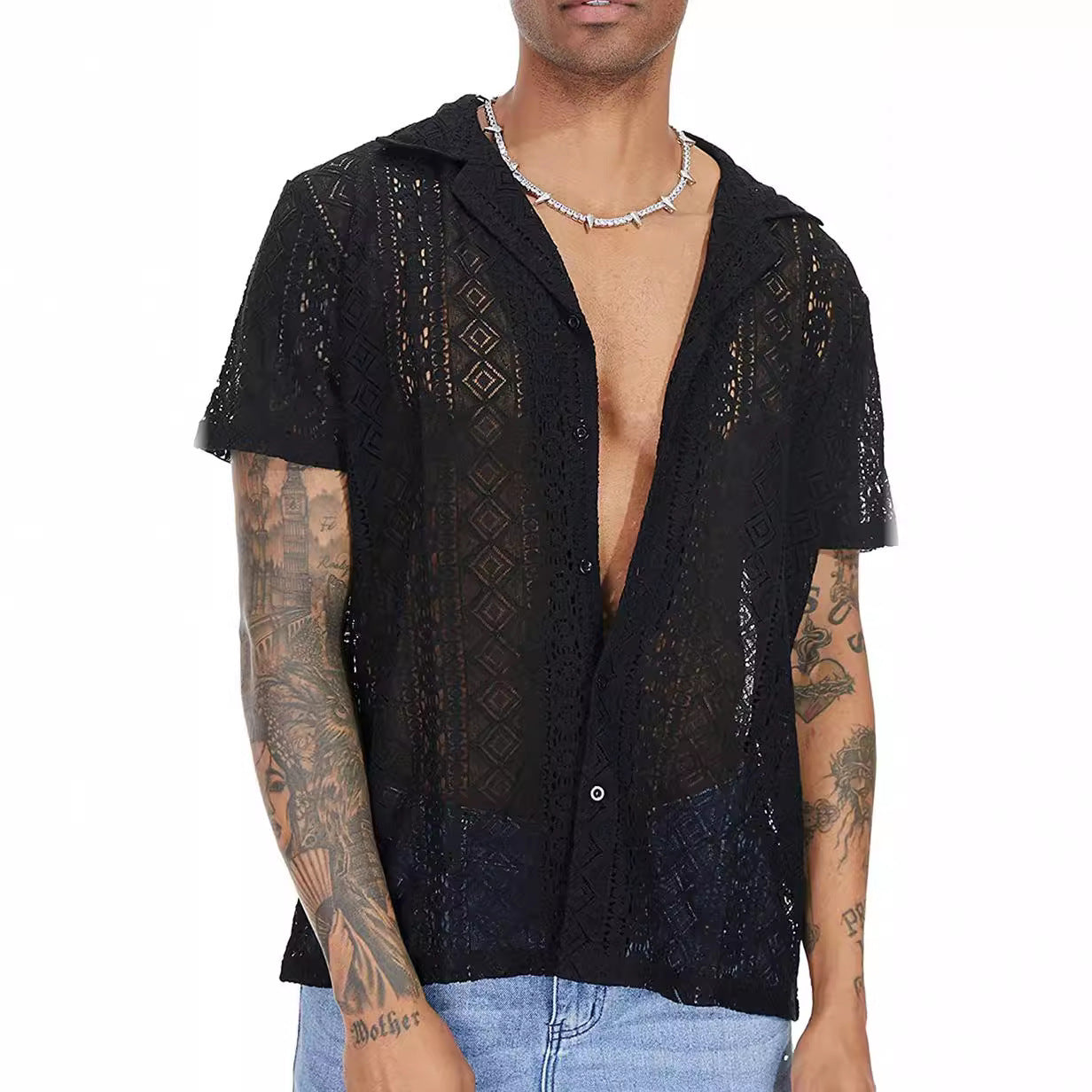 Chemise courte à manches courtes pour hommes avec motif en crochet structuré Chic und Stil