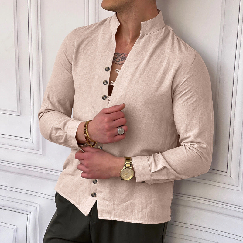 Chemise à manches longues pour hommes avec patte de boutonnage et col montant à la mode Chic und Stil
