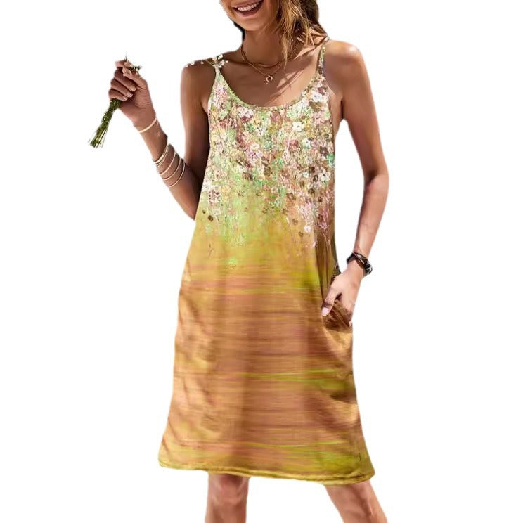 Robe d'été pour femme au design floral élégant avec des bretelles spaghetti confortables Chic und Stil