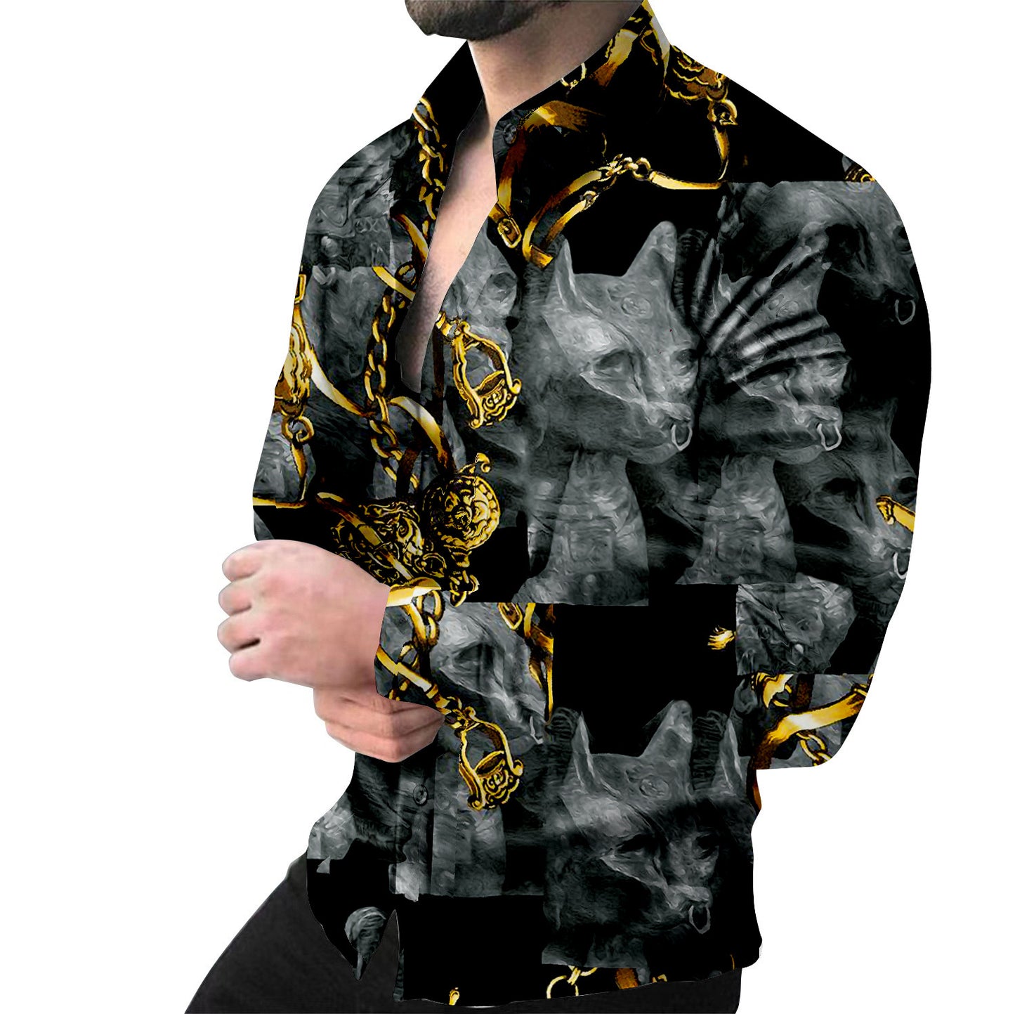 Chemise à manches longues créative pour hommes avec motif animal et chaîne Chic und Stil