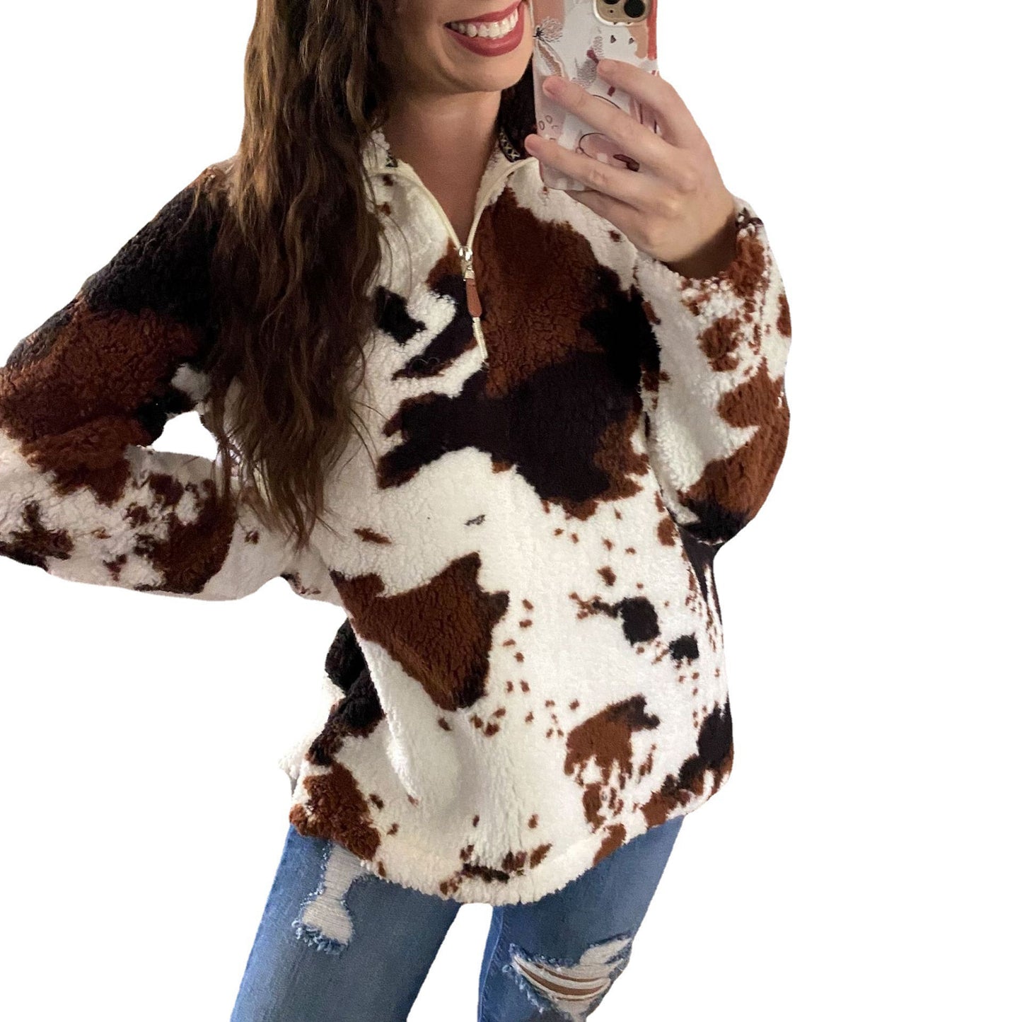 Ladies Cozy Fleece Pullover with Half-Zip and Chic Leopard Print