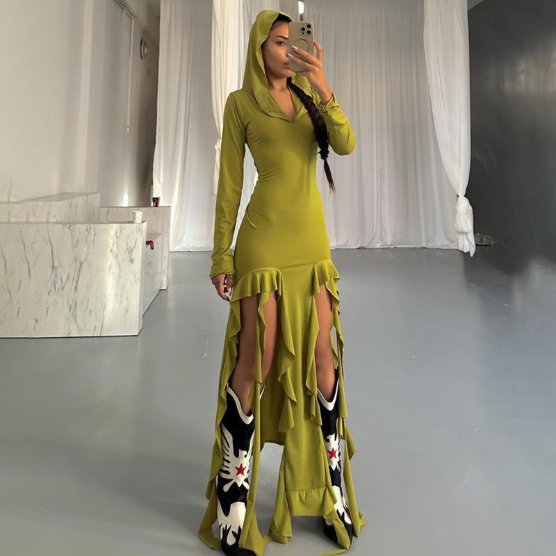 Robe maxi à manches longues pour femmes avec capuche et détails en volants Chic und Stil