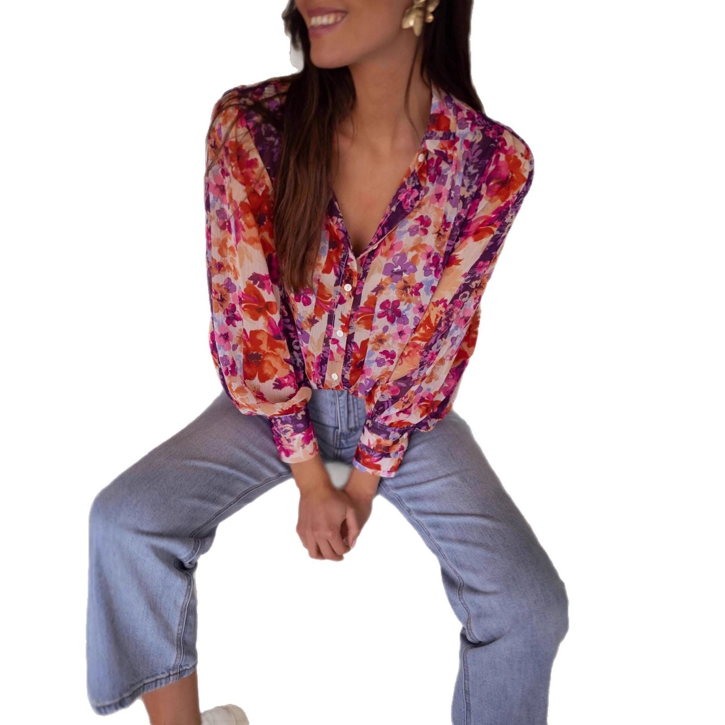 Blouse femme avec des motifs floraux et des manches volantes élégantes Chic und Stil