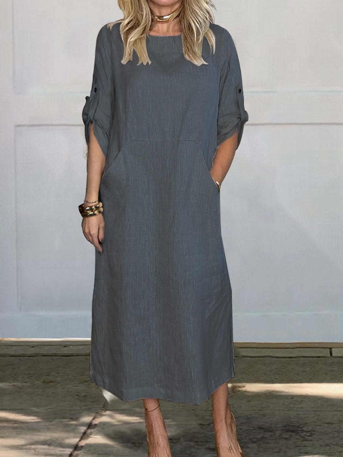 Airy midi dress for women with practical pockets and roll-up sleeves Chic and Style