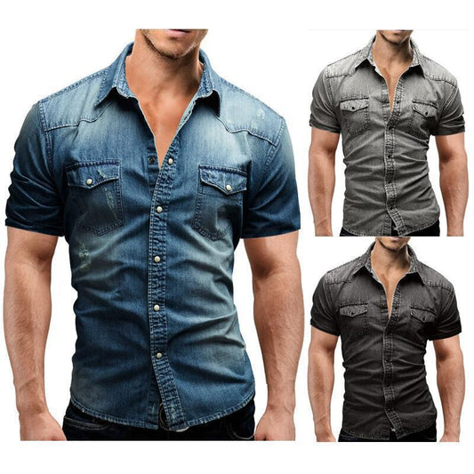 Chemise en denim à manches courtes pour hommes avec poches à rabat classiques Chic und Stil