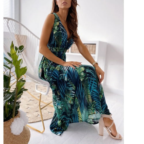 Robe maxi imprimé tropical pour femmes avec ceinture en tissu réglable Chic und Stil