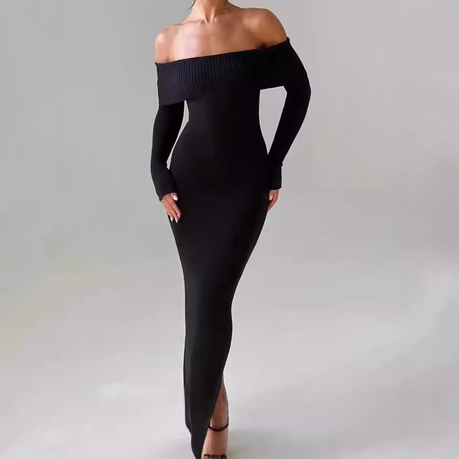Robe maxi cintrée pour femmes, décolletée épaule dénudée, avec manches longues Chic und Stil