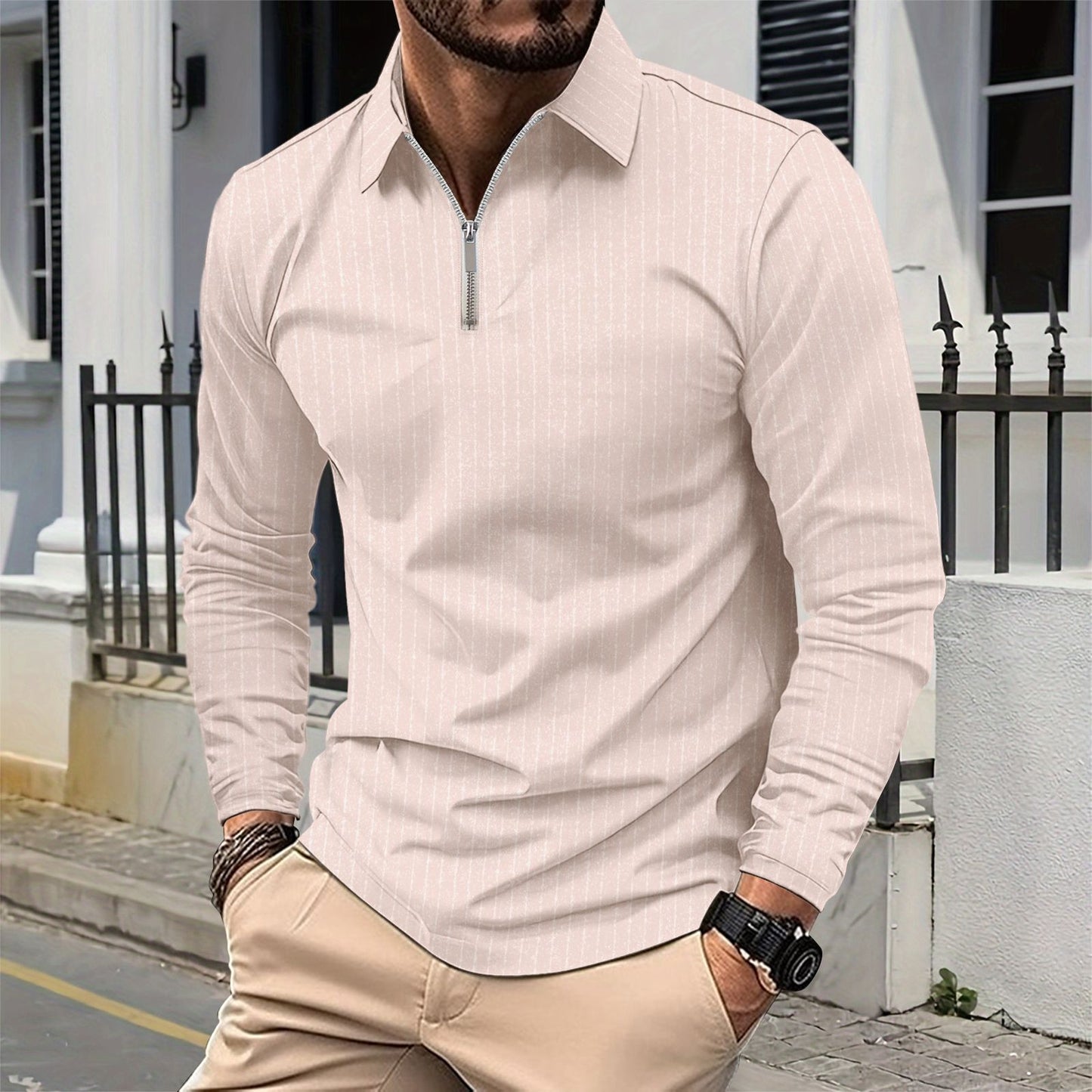 Chemise à manches longues élégante pour hommes avec fermeture éclair et fines rayures Chic und Stil