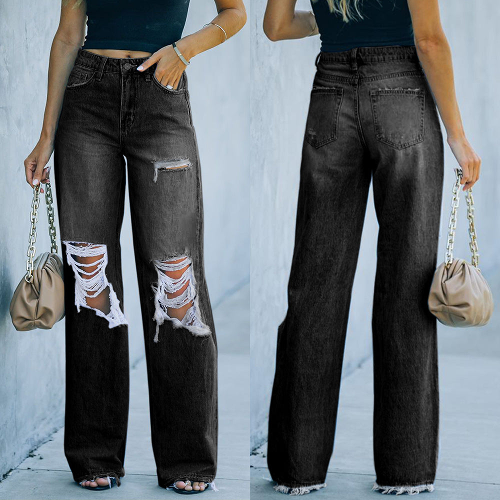 Jean déchiré pour femmes, coupe ample, avec poches hautes et coupe décontractée Chic und Stil