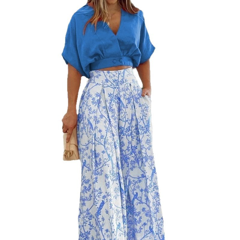 Dame haut cropped à la mode et pantalon large Chic und Stil