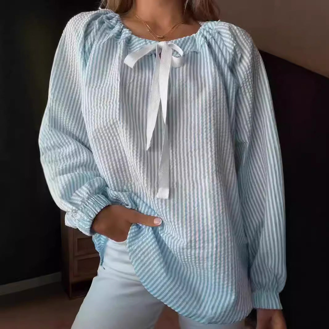 Blouse dames avec décolleté élastique et lien en nœud Chic und Stil