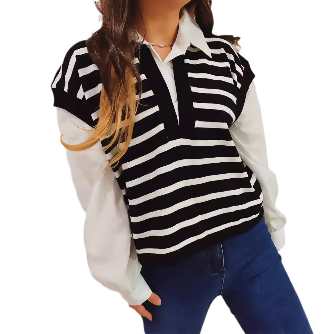 Pull polo décontracté pour femmes avec design rayé et manches bouffantes légères Chic und Stil